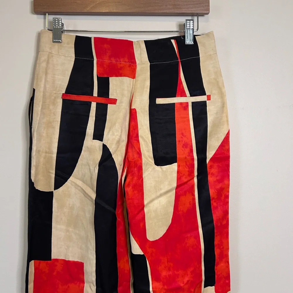 Zara Retro Colorblock Red Black Linen Blend High Waisted Wide Leg Pants Size XS